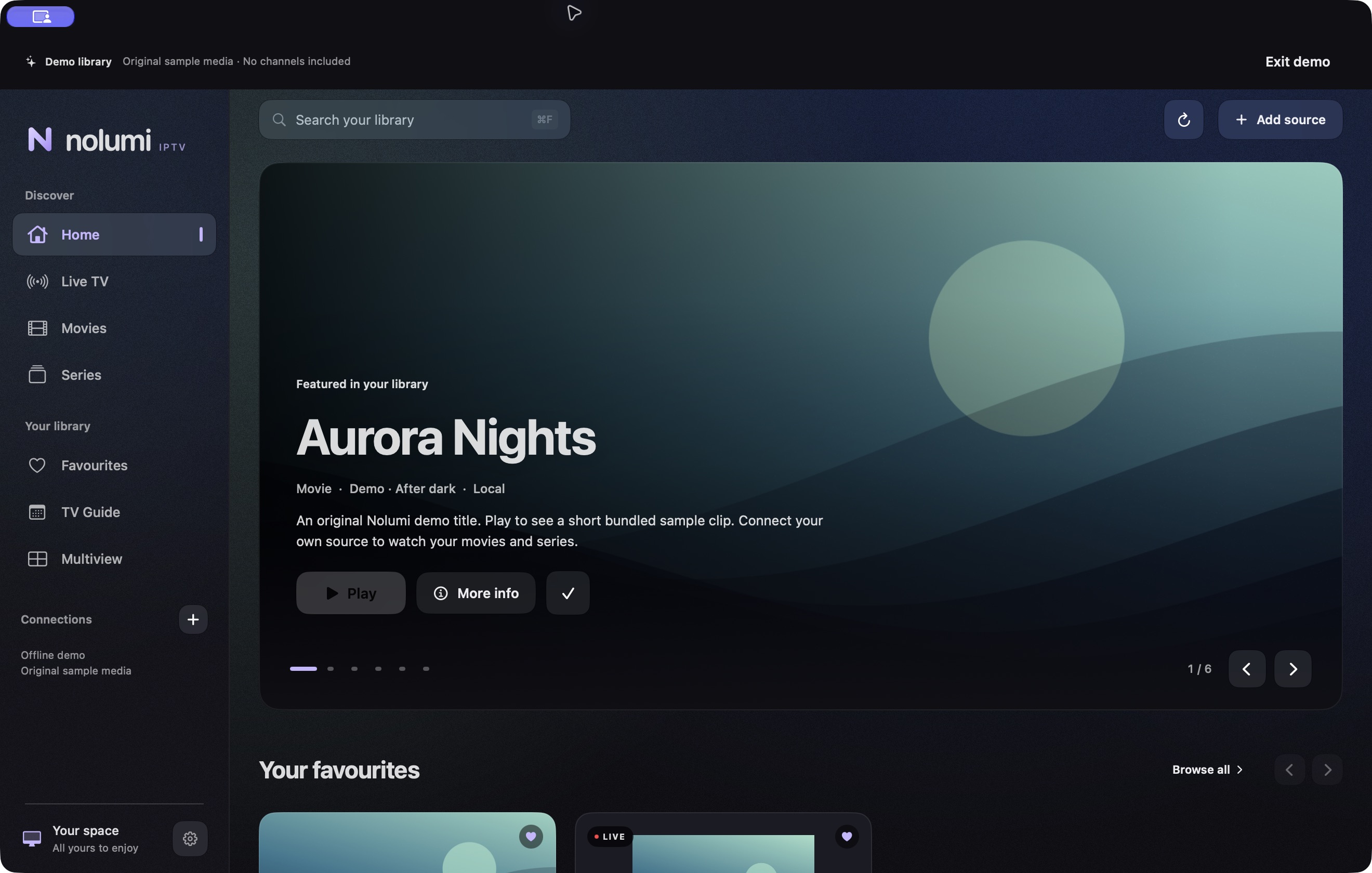 Nolumi on Mac, showing its original demo library with Aurora Nights and favourite titles